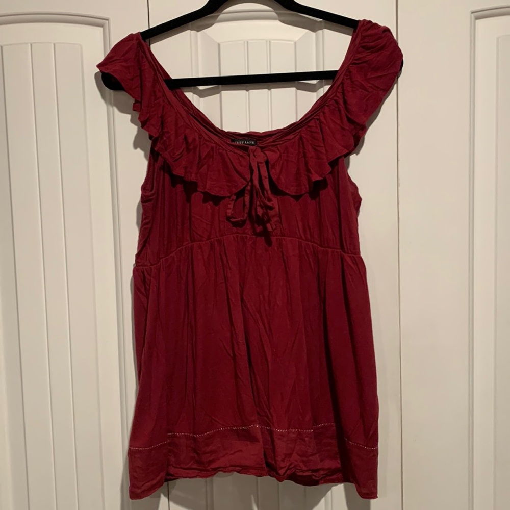Wide scoopneck ruffle empire waist tank blouse